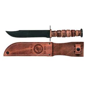 Case 00334 USMC  7" Fixed Clip Point Plain Blackened 1095 Carbon Steel Blade Grooved Leather Handle